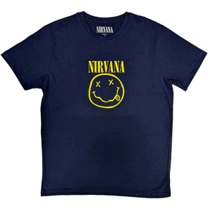 Nirvana - Yellow Happy Face Uni Navy in the group MERCHANDISE / T-shirt / Pop-Rock at Bengans Skivbutik AB (5546464r)