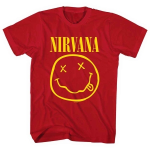 Nirvana - Yellow Happy Face Uni Red  in the group MERCHANDISE / T-shirt / Pop-Rock at Bengans Skivbutik AB (5546467r)