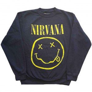 Nirvana - Yellow Happy Face Navy Sweatshirt in the group MERCHANDISE / Sweatshirt / Pop-Rock at Bengans Skivbutik AB (5553906r)